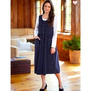 Navy Cotton Corduroy Button Front Jumper Pinafore Dress - M